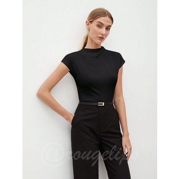 Black High Neck Cap Short Sleeve Tee Shirt - Picture 9 of 12